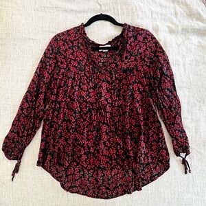 Velvet by Graham and Spencer Black Red Floral Ruffle Neck Blouse